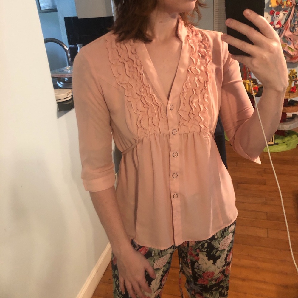 Love haight semi-sheer Pink ruffle blouse with 3/4 sleeves